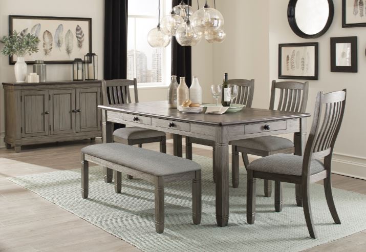 Granbury Collection Gray Table with bench and 4 chairs 