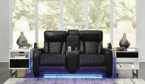 Bellington Black Leather Power Reclining Loveseat with Heat & Massage